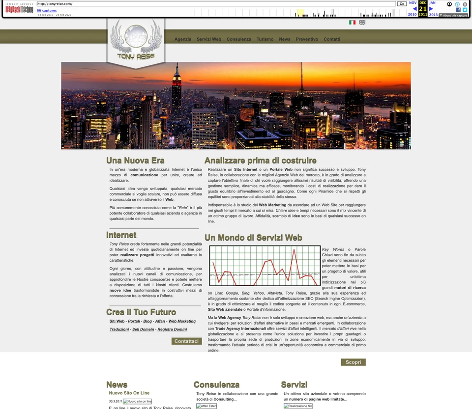 Estratto della homepage storica TonyReise.com, archiviata il 21 dicembre 2011.
