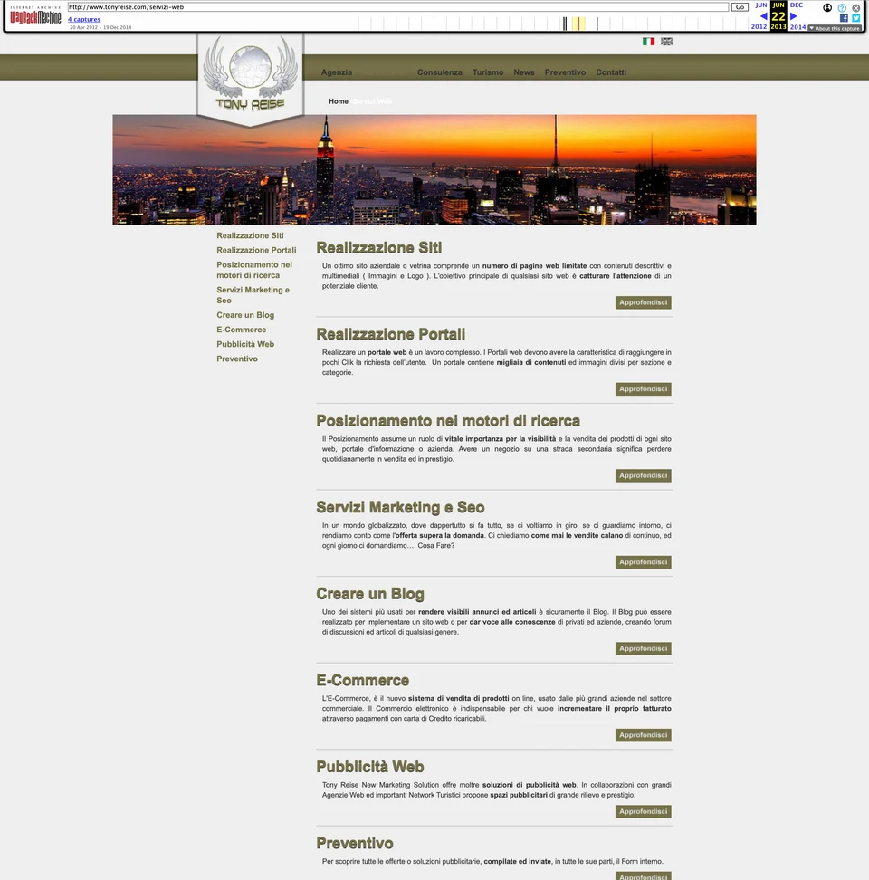 Estratto della pagina Servizi Web di TonyReise.com, archiviata il 22 giugno 2013.