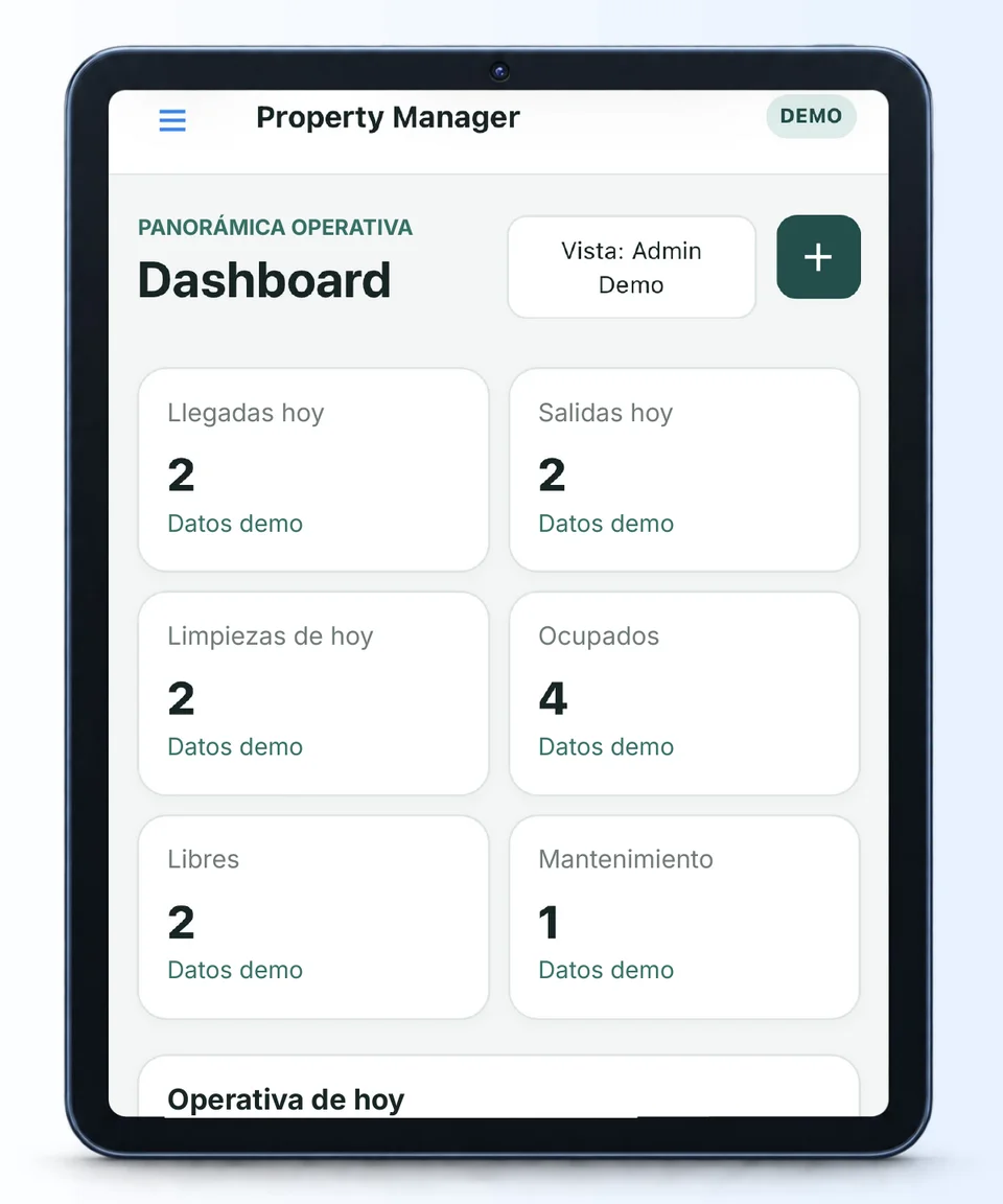 Dashboard del prototipo SIHOST su tablet: arrivi, partenze, pulizie, occupazione e manutenzione con dati demo.