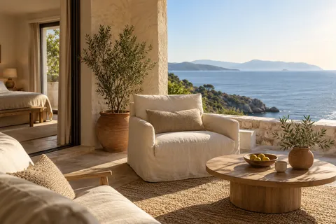 Concept generato con AI: terrazza di un appartamento vista mare, con poltrone in lino e arredi naturali.